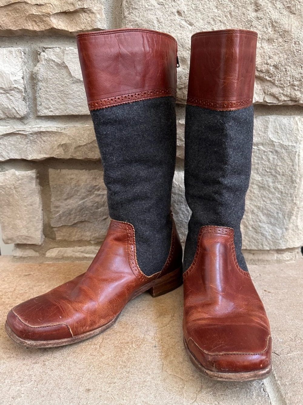 Wolverine Tall, Two-Tone, Brown Leather, and Grey Wool Riding Boots, Women’s 9 - Picture 5 of 14